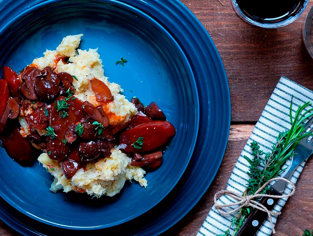 Sopp Bourguignon med rotfruktmos